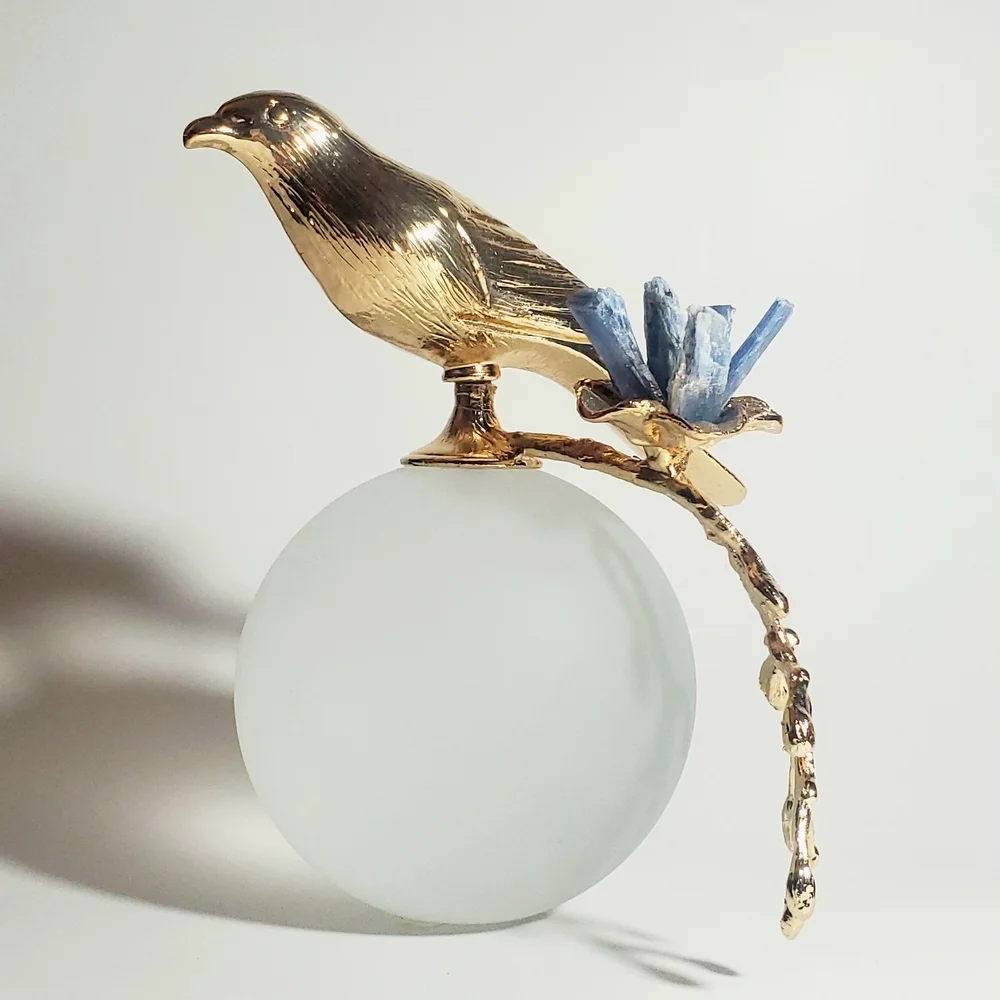 Modern Minimalist Art Glass Sculpture with Gold Tone Bird  & Quartz Gemstones